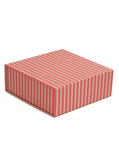 Caja plegable organizadora con diseño rayado en tonos rojos y beige, tamaño 21x21x8cm