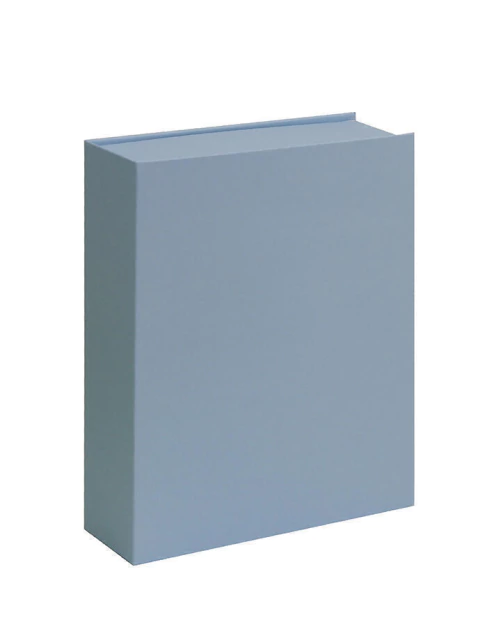 Caja tipo libro color celeste con medidas 22x17x5 cm