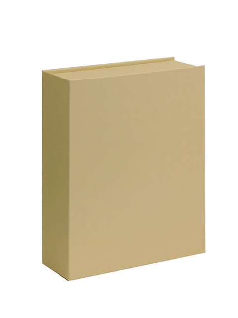 Caja tipo libro color beige con dimensiones 27,5x21,5x5 cm