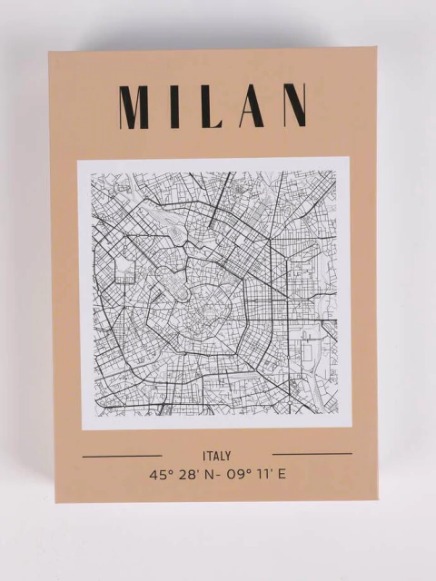 Caja decorativa tipo libro falso con mapa de la ciudad de Milán, Italia, con coordenadas geográficas impresas