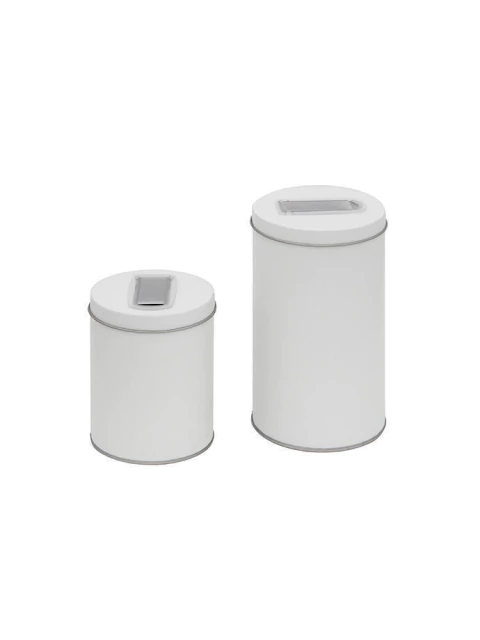 Set de dos latas organizadoras blancas con surtidor, una de tamaño grande y otra pequeña
