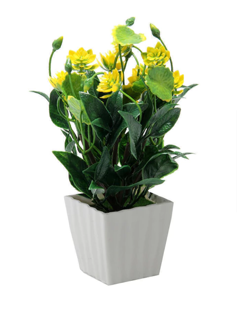 Maceta artificial blanca con flores amarillas y hojas verdes de 8.5cm x 19.5cm