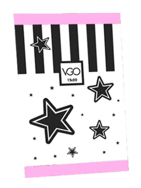 Portarretratos de plástico con diseño de estrellas y rayas en blanco y negro, borde rosa, tamaño 15x20 cm.