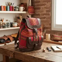 Mochilas en cuero trabajado y aguayo en internet