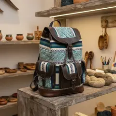 Mochilas en cuero trabajado y aguayo - Pueblo Andino