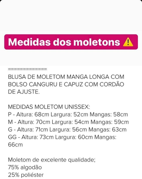 Medidas Moletom Capuz