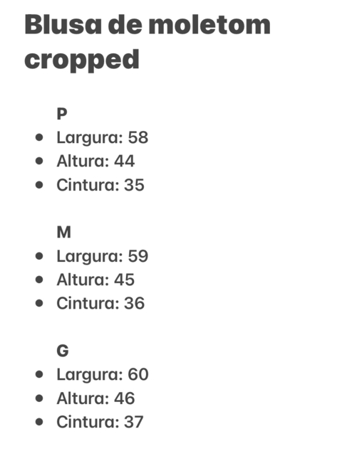 Medidas Moletom Cropped