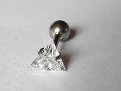 Strass triangulo 5mm, bolita de acero 4mm, largo total 13mm, espesor de la barra 1mm
