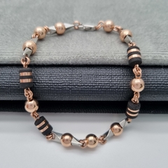 PULSERA ESPECIAL PIN B6MM ROSA CON TUBO CINTA NEGRO ORO LAMINADO 18K