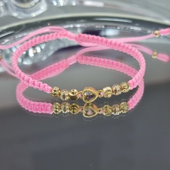 PULSERA TEJIDA DIJE CORAZÓN CON CIRCÓN Y BALIN ITALIANO ORO LAMINADO 18K