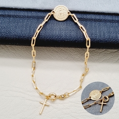 PULSERA SAN BENITO MED TERMINADA EN CRUZ ORO LAMINADO 18K
