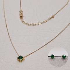 CADENA VENECIANA 45CMS, DIJE CIRCON VERDE 5MM Y ARETES CIRCON VERDE 5MM ORO LAMINADO 18K