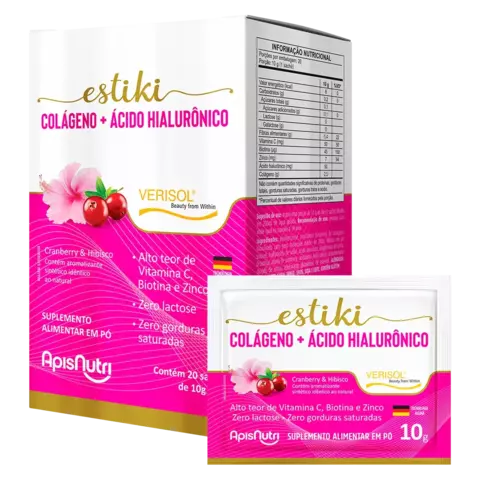 Estiki Colágeno + Acido Hialurônico Sachê Cranberry & Hibisco 10g - ApisNutri