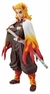 Figura de ação do personagem de Demon Slayer, com cabelo dourado e capa com chamas, segurando uma espada.