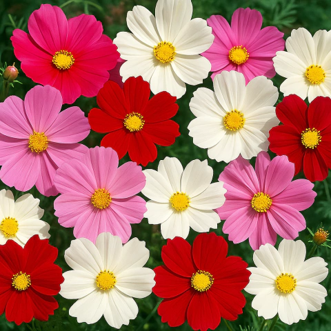 Flores de cosmea em várias cores, incluindo rosa, vermelho e branco, com centro amarelo.