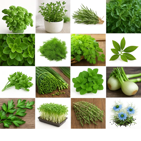 Montagem com 16 imagens de diferentes temperos e ervas frescas variadas em vasos, ramos e folhas