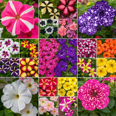 Colagem de flores de petúnias sortidas em diversas cores e padrões, incluindo rosa, roxo, branco, amarelo, vermelho e combinações listradas e manchadas.