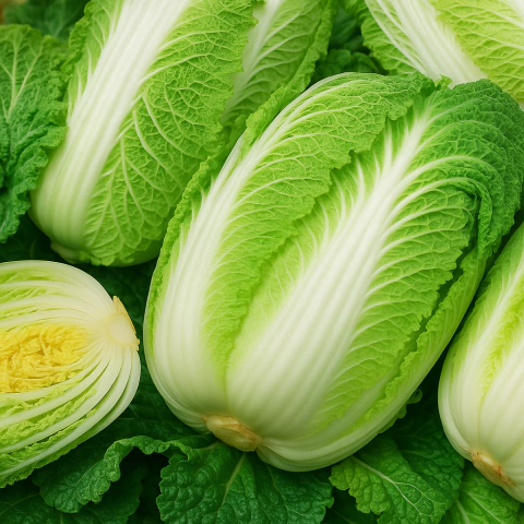 Sementes de couve chinesa frescas, mostrando folhas verdes e um corte de uma cabeça de couve.