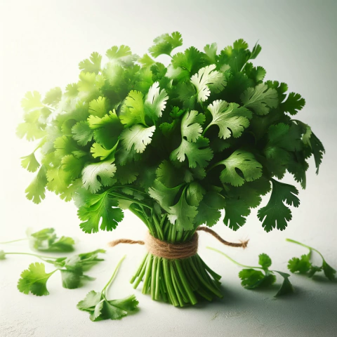 Um buquê fresco de coentro, com folhas verdes vibrantes, amarrado com um cordão, em fundo claro.