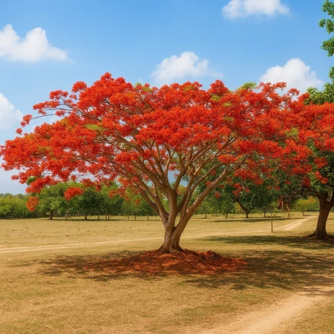 Árvore Flamboyant Vermelho (Delonix Regia) com flores vermelhas vibrantes em um campo ao ar livre sob céu azul