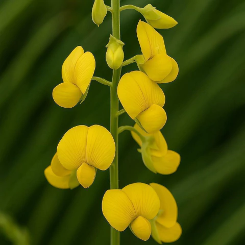Flores amarelas da planta Crotalária espectabilis em um caule verde