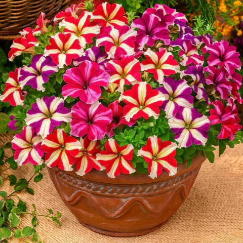 Vaso de barro com flores petúnia Tritunia Mix coloridas em tons de vermelho, branco e roxo