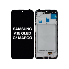 Modulo de pantalla OLED para Samsung A15 con marco, mostrando la parte frontal y trasera del componente.