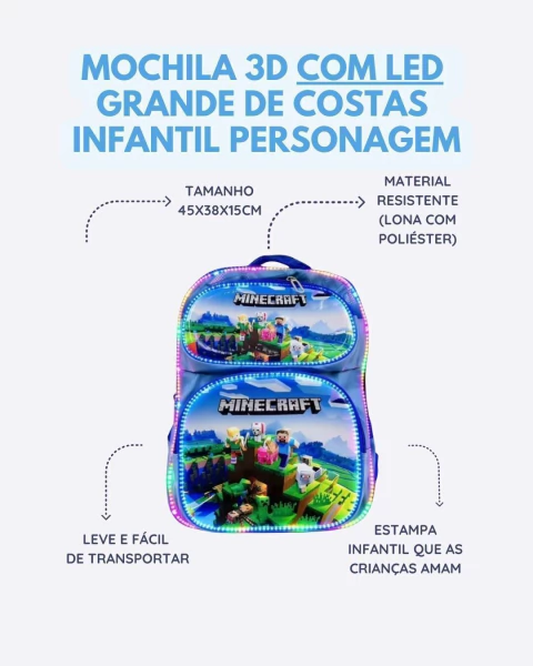 MOCHILA COM LED 3D GRANDE DE COSTAS MENINO PERSONAGENS