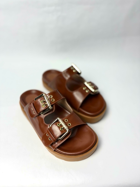 Mirela - Papete Birken Feminina Caramelo com Fivelas em Ourolight
