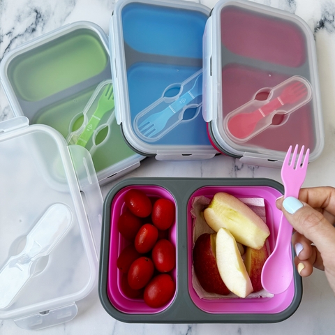 LUNCHERA TUPPER PLEGABLE MEDIANA DE SILICONA CON CUBIERTO CUCHARA/TENEDOR