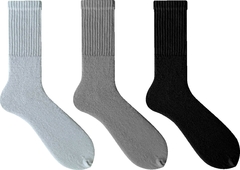 Kit Com 3 Pares - Meia Esportiva Atoalhada Juvenil - Cano Longo - Preta, Branca e Cinza Mescla - Kit Com 3 Pares - Referência 400