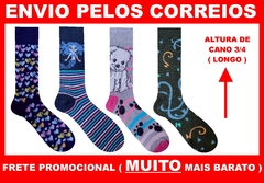 Kit Com 4 Pares - Meias Femininas Cano Alto ( Longo ) Estampadas Coloridas Divertidas - Kit Com 4 Pares - Referência 302