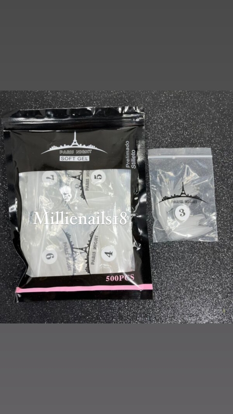 PARIS NIGHT - Tips soft gel x500pcs / Stiletto (pre limados) BOLSA NEGRA