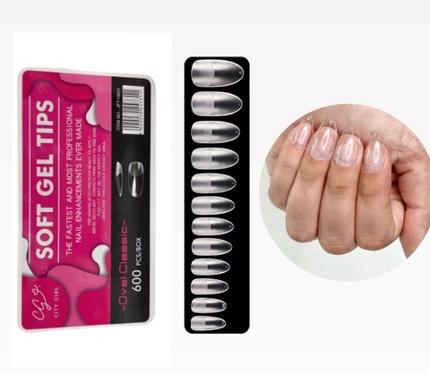 CITY GIRL - Tips soft gel x600pcs / Oval Classic (pre limados) / JPT-H603 (caja rosa)