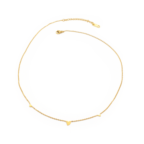 Colar Choker Feminino Com Três Corações Em Aço Inox PVD Dourado