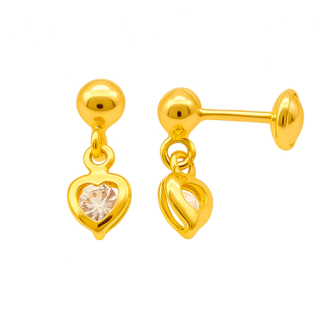 Brinco Bolinha e Coração Pendurado com Tarracha Baby banhado a ouro 1cm - comprar online