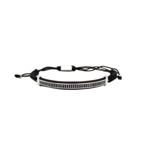 Pulseira Masculina Com Cordão Ajustável E Zircônias Pretas Em Aço Inox PVD Prata
