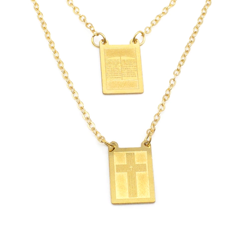 Escapulário Oração Do Pai Nosso Cruz E Bíblia Sagrada  Aço Inox Dourado 38cm - comprar online