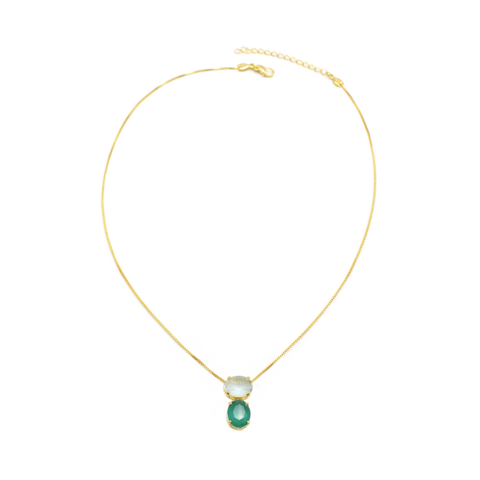 Conjunto Colar E Brincos Com Dupla Gema Azul E Verde Elegante Banhado A Ouro