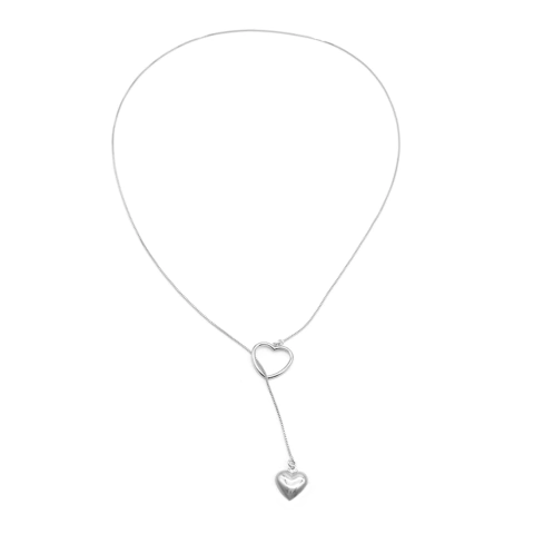 Colar Gravatinha Com Coração Duplo Feminino E Delicado Banhado A Ródio