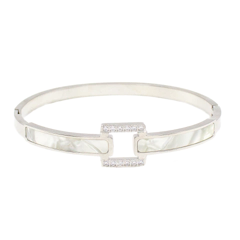 Bracelete Com Madrepérola E Detalhe Central Quadrado Cravejado Em Aço Inox Com Revestimento PVD Prateado - comprar online
