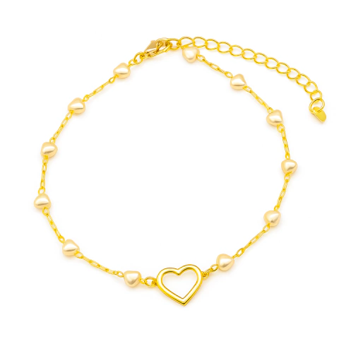 Pulseira de Coração de Pérola com Pingente Central Banhado a Ouro e Ródio 18cm - comprar online