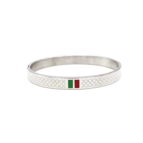 Bracelete Texturizado Com Resina Verde E Vermelha Em Aço Inox PVD Prata - comprar online