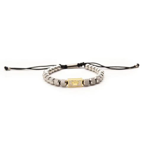 Pulseira Masculina Com Pingente Retangular De Coroa Cravejado Em Zircônias Em Aço Inox PVD Prata - comprar online