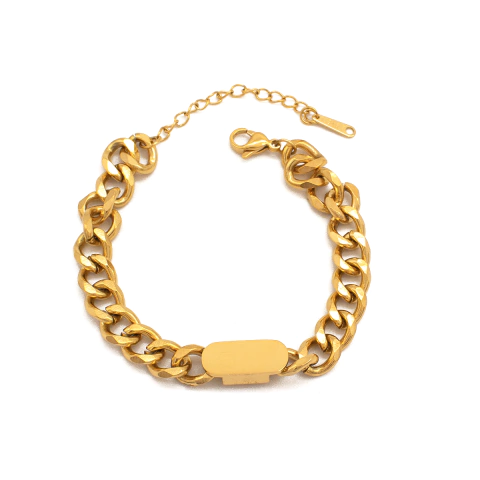 Pulseira Feminina Elo Cubano Com Detalhe Oval Em Aço Inox PVD Dourado 21cm