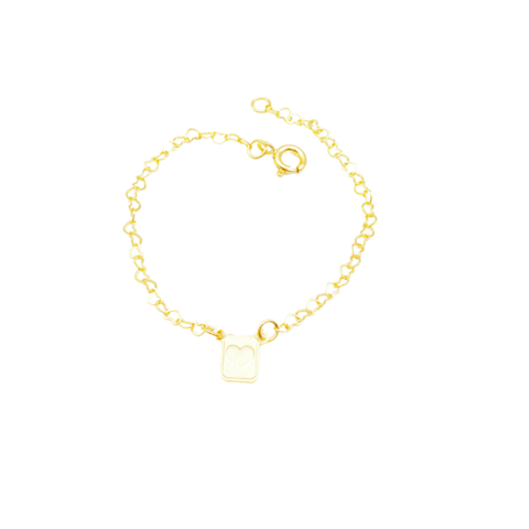 Pulseira Elos de Mini Coração Vazado com Chapinha 14 cm Banhado a Ouro e ródio