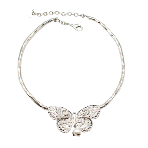 Choker De Borboleta Com Pérola Pendurada Delicado E Maleável Banhado a Ródio