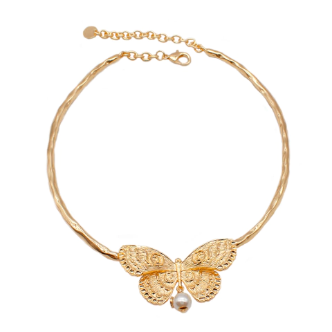 Choker De Borboleta Com Pérola Pendurada Delicado E Maleável Banhado A Ouro - comprar online