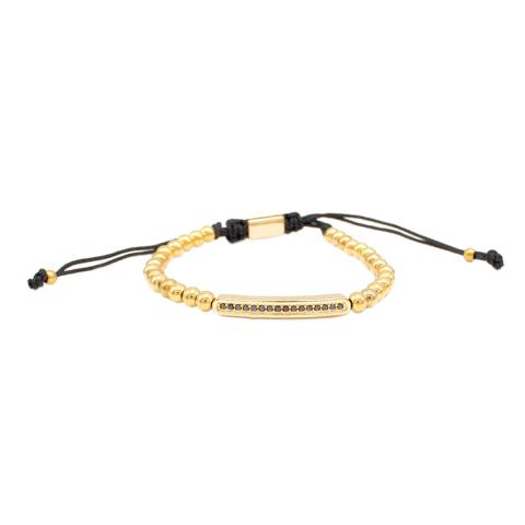 Pulseira Masculina Ajustável Com Esferas E Detalhe Central Em Zircônias Em Aço Inox PVD Dourado