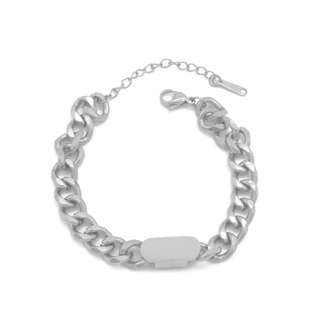 Pulseira Feminina Elo Cubano Com Detalhe Oval Em Aço Inox PVD Prata 21cm